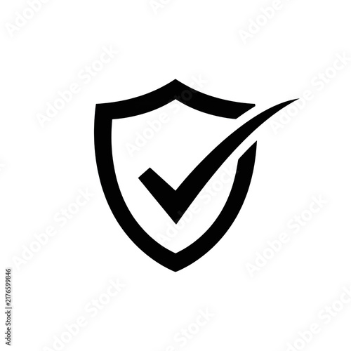 Black security shield icon with checkmark for verified protection and safety assurance.