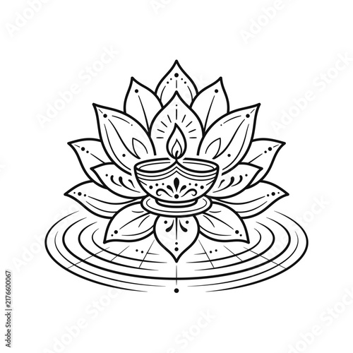 Vector line art illustration of lotus flower with diya lamp, isolated on white