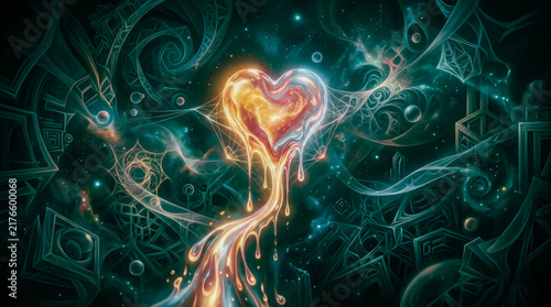 Emotion Flows From a Heart of Light in a Dreamlike Void With Surreal Shapes