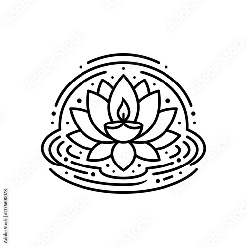 Vector line art illustration of lotus flower with diya lamp, isolated on white