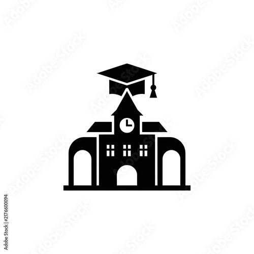School building icon with graduation cap silhouette representing academic education and university campus architectural landmark.
