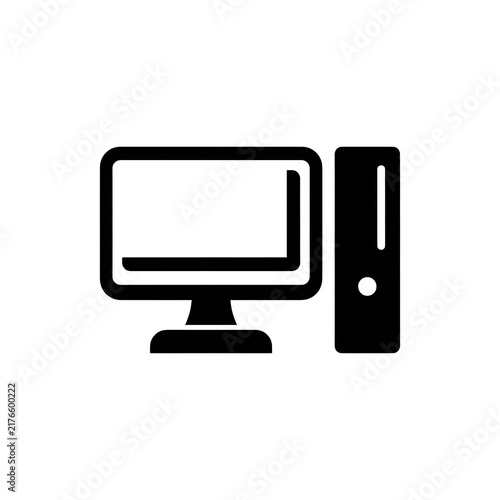 Desktop personal computer black icon with monitor and system unit on transparent background.