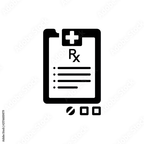 Medical prescription clipboard icon with rx symbol and pills on transparent background.
