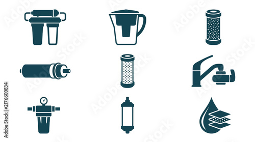 Water filtration and purification system icon set.