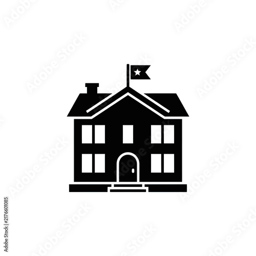 School building silhouette with flag icon for educational institutions and learning center branding designs.