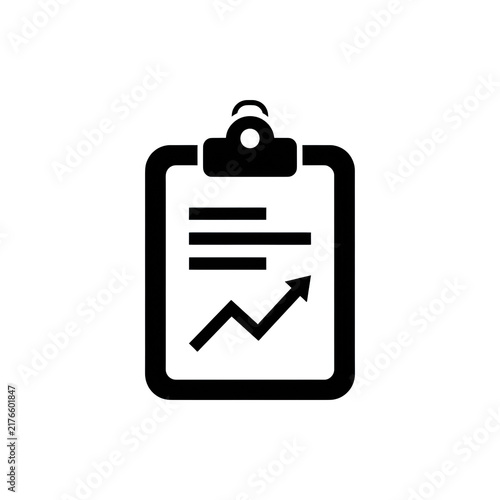 Black clipboard report icon featuring growth chart and text lines for business performance and financial analysis.