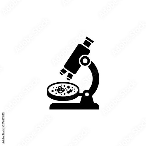 Black microscope and petri dish icon for laboratory research and scientific biological sample examination.