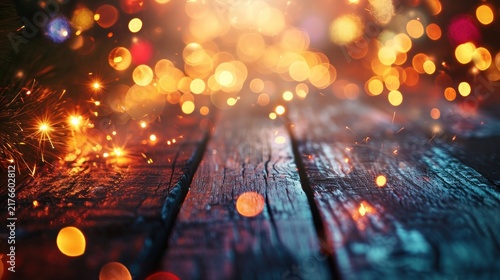 Wood floor empty with bokeh lights on fireworks background, Advertisement, Print media, Illustration, Banner, for website, copy space, for word, template, presentation