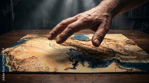 World Domination Play: A close-up shot shows a hand hovering over a detailed 3D map of the Middle East, hinting at strategic planning and powerful influence.