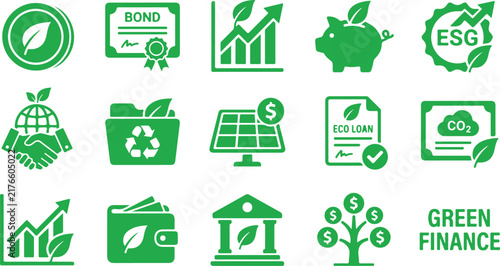 Green Finance and ESG Investment Icon Set, Sustainable Banking and Environmental Finance Symbols