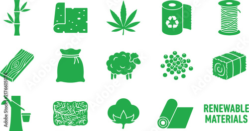 Renewable Materials and Sustainable Packaging Icon Set, Green Eco Material Symbols