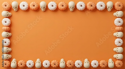 A festive halloween frame made of decorative white and orange pumpkins on an orange background