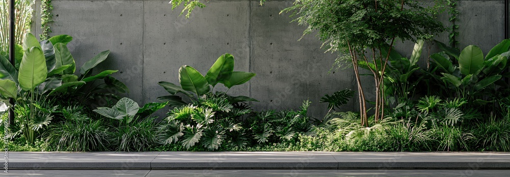 Obraz premium Lush Greenery Against Modern Concrete Wall with Natural Light and Minimalist Design