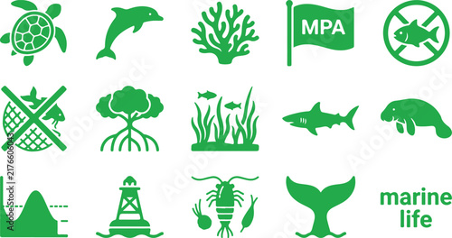 Marine Conservation and Ocean Protection Icon Set, Green Sea Life and Coastal Ecology Symbols