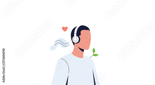 A minimal vector illustration of a person wearing headphones, enjoying relaxing music, sound, or nature, with a heart and plant icon.