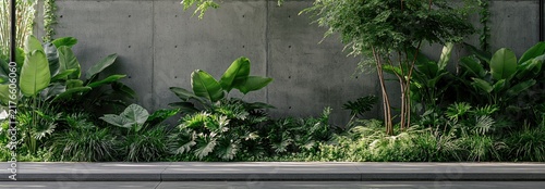 Lush Greenery Against Modern Concrete Wall with Natural Light and Minimalist Design