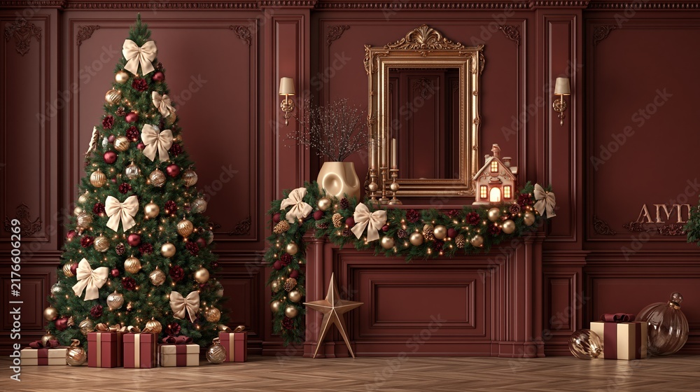 Fototapeta premium Elegant Christmas Tree and Fireplace Mantel with Ornaments and Gifts in Luxurious Red Room