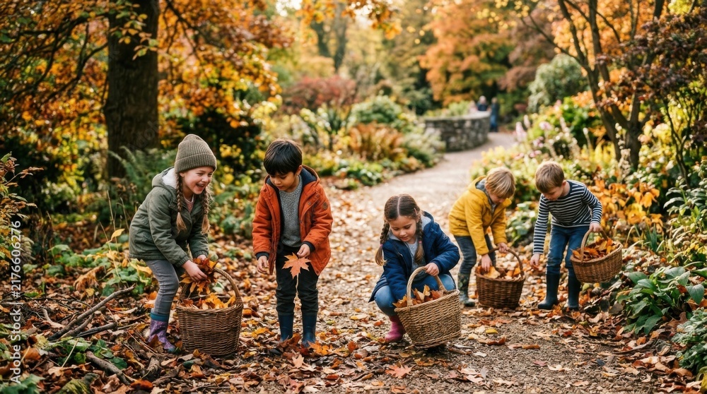 Fototapeta premium Children Collecting Autumn Leaves and Apples in a Forest.