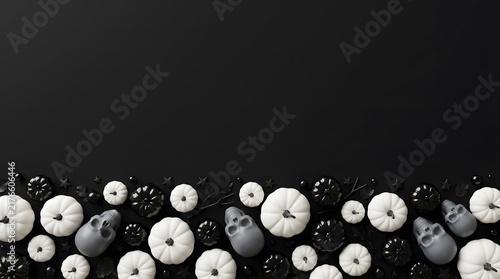 Top view of small white pumpkins and skulls on a black background for halloween holiday decoration