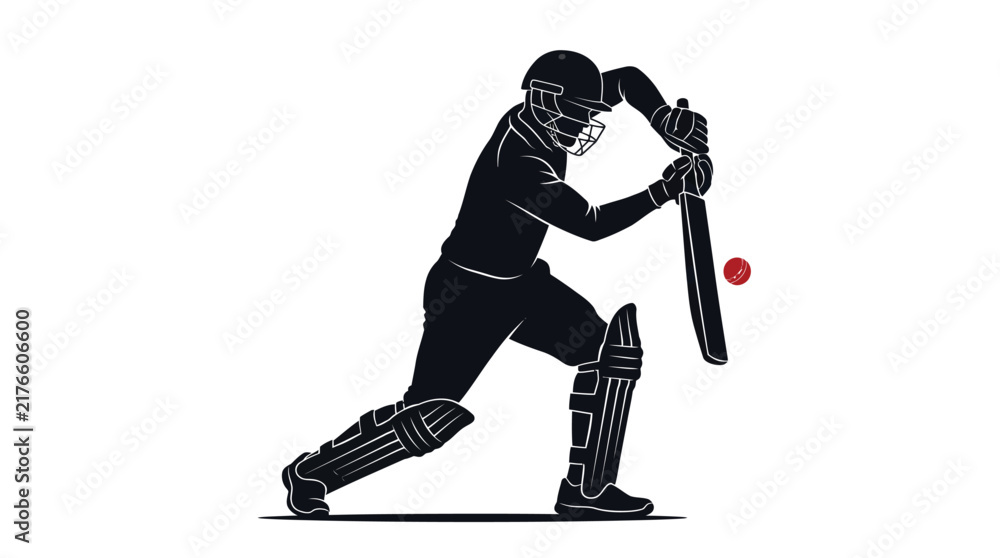 Fototapeta premium Professional cricket batsman hits a red ball wearing protective gear in this minimalist black vector illustration