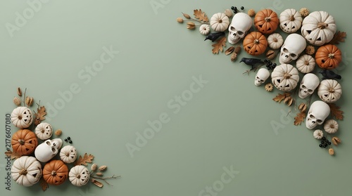 Festive halloween background with decorative pumpkins and skulls arranged in corners on a sage green surface