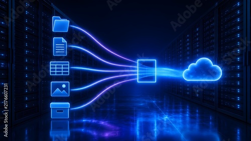 Obraz na płótnie Cloud computing storage concept with digital files uploading to virtual server infrastructure in modern data center