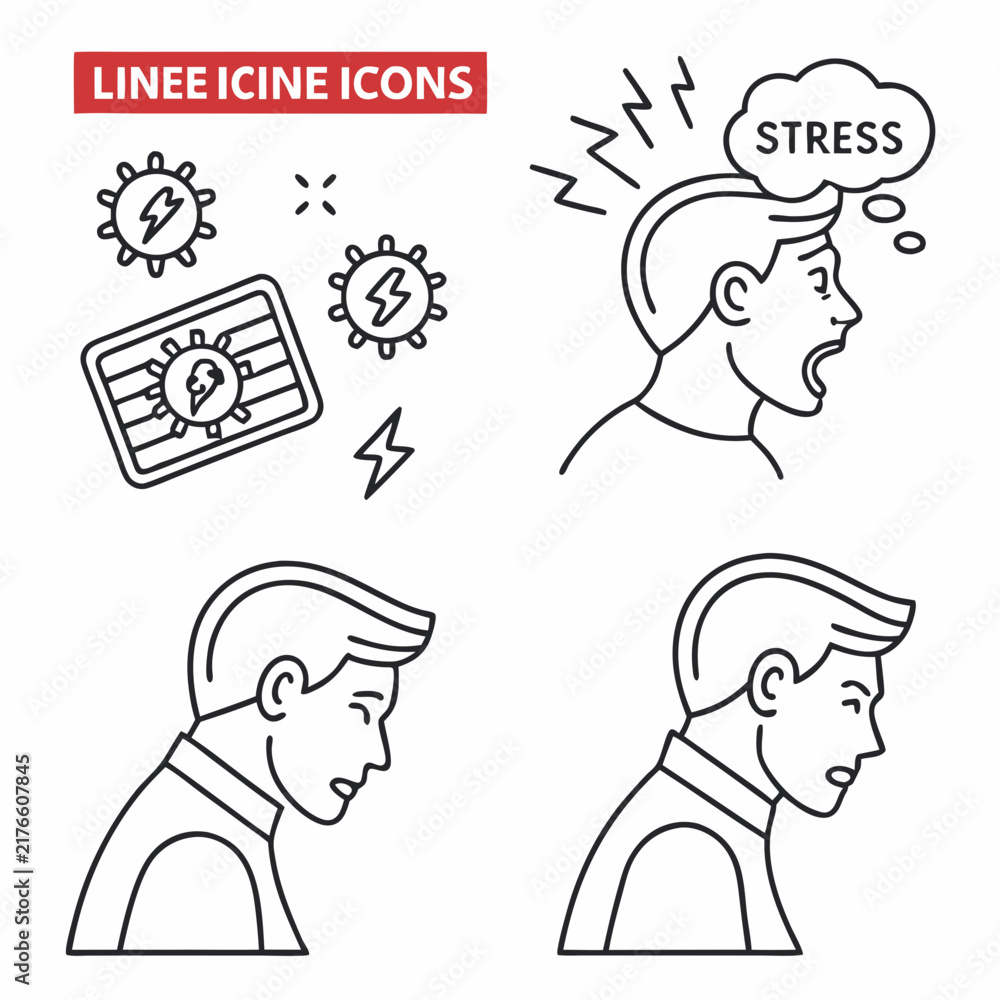 Fototapeta premium Set of line icons related to stress. Emotional burnout, depression, insomnia, irritability and mental problems. Editable stroke. Outline flat vector illustration collection isolated on .