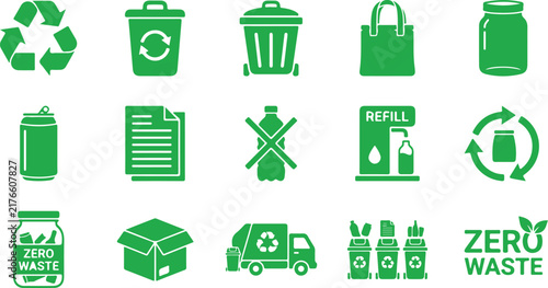 Zero Waste and Recycling Icon Set, Green Waste Management and Reusable Packaging Symbols