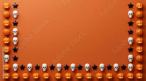 Festive halloween background with a decorative border of small skulls and pumpkins on orange surface