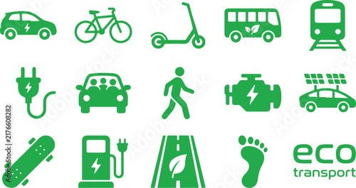 Eco Friendly Transportation Icon Set, Green Sustainable Mobility and Electric Vehicle Symbols