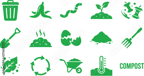 Composting and Organic Waste Icon Set, Green Recycling and Sustainable Gardening Symbols