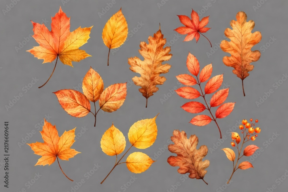 Fototapeta premium Autumn leaves illustration on gray background
