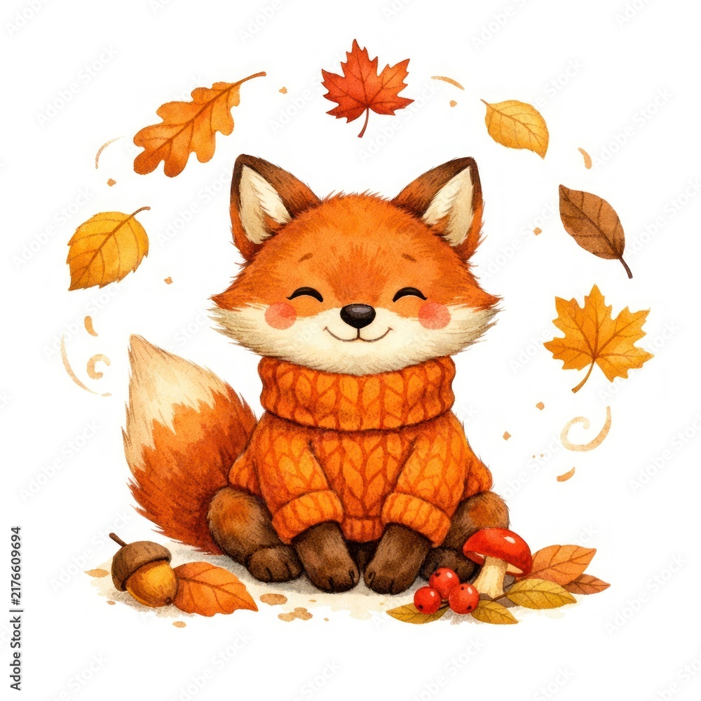 Obraz premium Cute fox in cozy sweater surrounded by autumn leaves