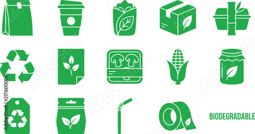 Biodegradable Packaging and Recycling Icon Set, Eco Friendly Product and Waste Symbols