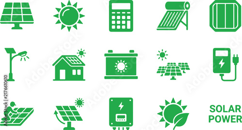 Solar Energy Icon Set with Panels, Sun Power, Batteries and Renewable Technology Symbols