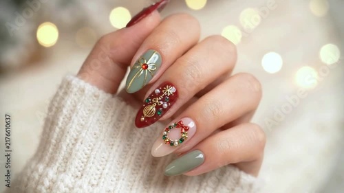Elegant Christmas Nail Art Manicure with Gold Gemstones, Woman's Hand Holding Cozy Knit Sweater