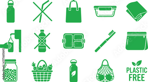 Green Plastic Free and Reusable Product Icon Set, Eco Friendly Lifestyle Symbols