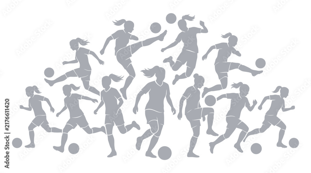 Obraz premium Female soccer players in various active poses performing dynamic movements with balls on white background