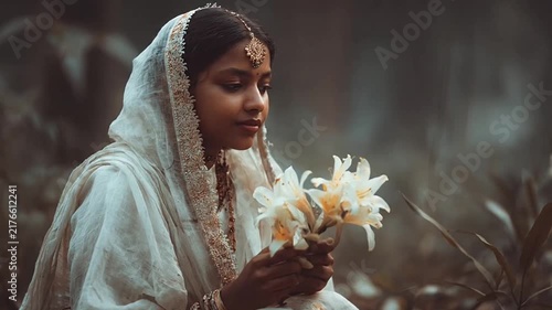 Ethereal woman in white veil holding lily flowers