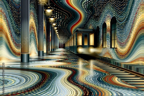 AI-generated illustration of travel viewed through a psychedelic lens -- at the train station where groovy patterns are the norm