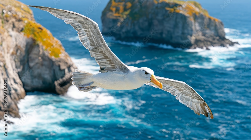 Fototapeta premium Albatross Gliding Graciously Above Remote Ocean Waves with Scenic Rocky Coastline