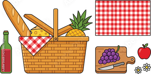 Summer Picnic Basket Vector Illustration Set with Gingham Mat Wine Bottle French Baguette Pineapple Grapes and Apple for Outdoor Dining Graphic Designs