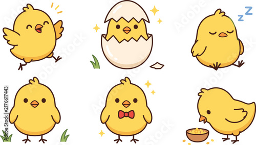 Sweet Little Yellow Chick Vector Element Pack Featuring Playful Character Poses and Lifecycle Themes for Kindergarten Classroom and Children Creative Designs