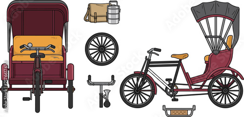 Vintage Maroon Cycle Rickshaw Vector Clipart Set with Tiffin Carrier Messenger Bag and Spare Parts for Asian Retro Street Travel Graphic Designs