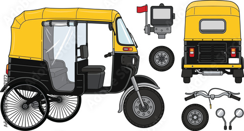 Yellow Auto Rickshaw Tuk Tuk Vector Set with Side and Back Views Spare Tires Meter and Handlebar Components for Asian Urban Transport Graphic Designs