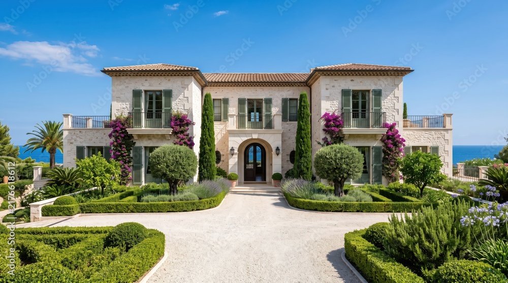 Fototapeta premium Stone coastal villa with green shutters and garden driveway