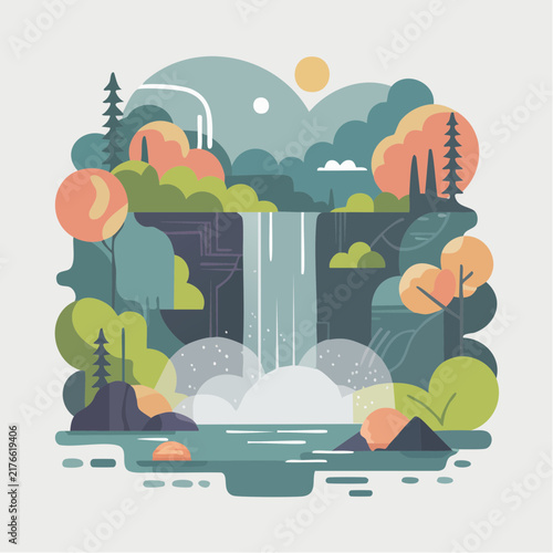 A flat vector illustration depicts a stylized waterfall cascading down cliffs into a pool.