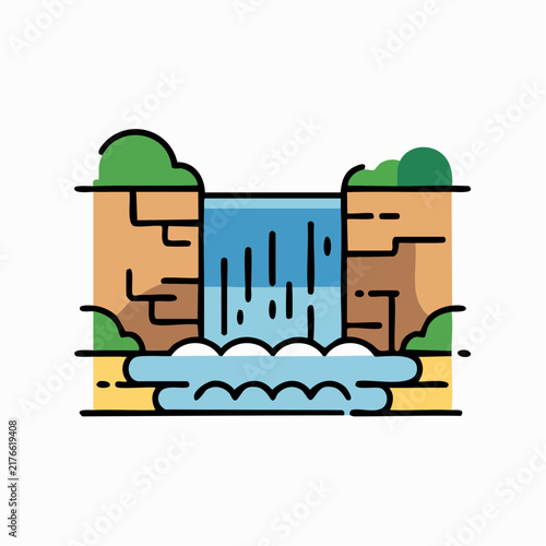 A flat vector illustration depicts a waterfall cascading between rocky cliffs with.