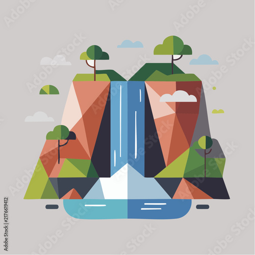 A stylized geometric illustration depicts a waterfall cascading down a low poly mountain.