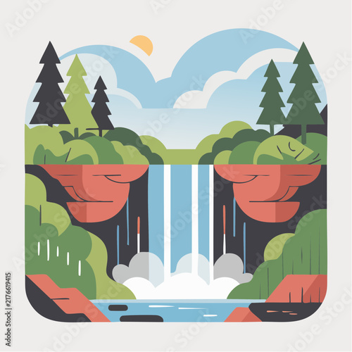 A flat vector illustration depicts a stylized waterfall cascading between lush green.